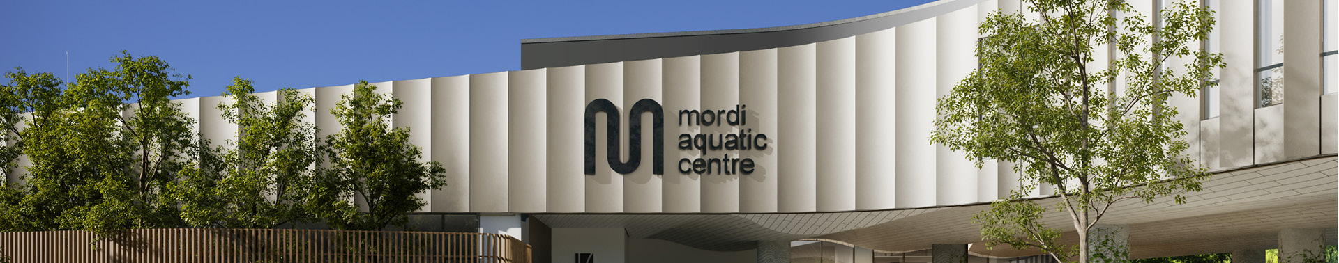 Front facade of the Mordi Aquatic centre including logo
